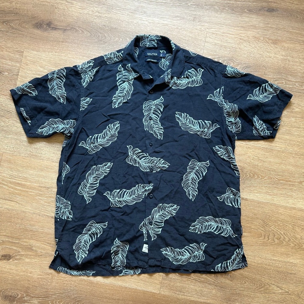 Nautica Mens Large Easy Care Silk Short Sleeve Leaf Print Button Down Shirt Navy